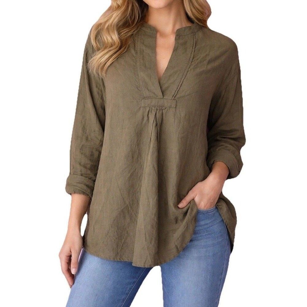 Vince Cotton V-Neck Tunic Top Womens Small Olive Green Long Sleeve Blouse Boho